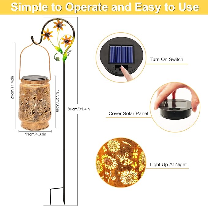 Sunflower Solar Lanterns Outdoor Waterproof, Birthday Gifts for Women Mom Grandma, Metal Hanging Lantern Solar Lights LED Decoration with Shepherd Hook Outside for Yard, Patio, Porch, Garden Decor