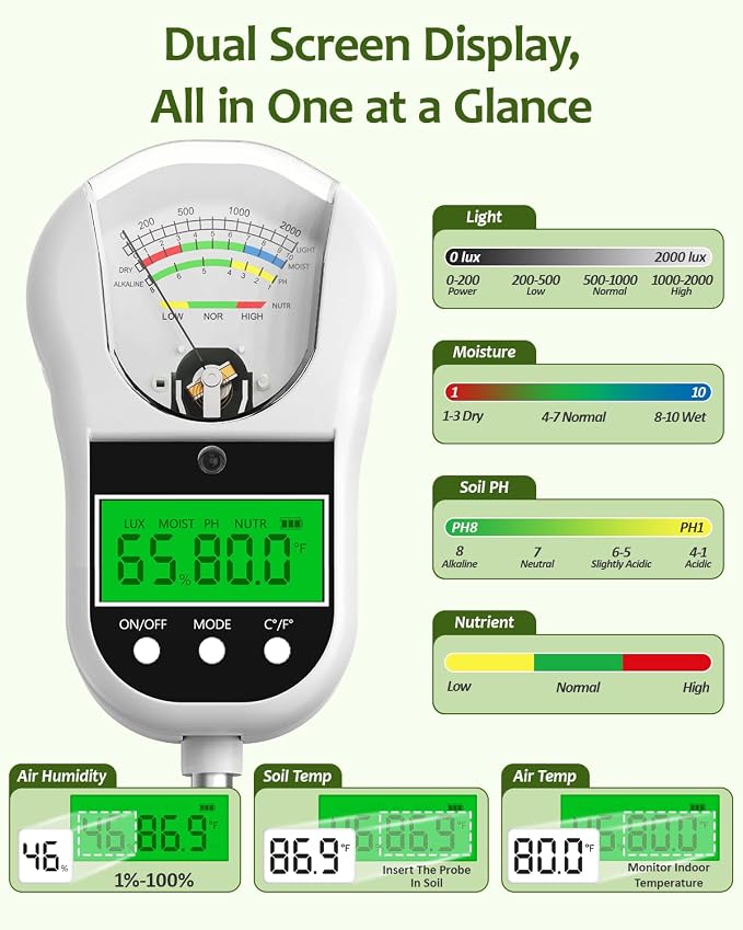 7-in-1 Soil Moisture Meter/pH Meter/Light Intensity/Fertility/Air & Soil Hygrometer Temperature with Large Dual Display for Garden,Lawn, Farm, Indoor Outdoor Plants-Snow White