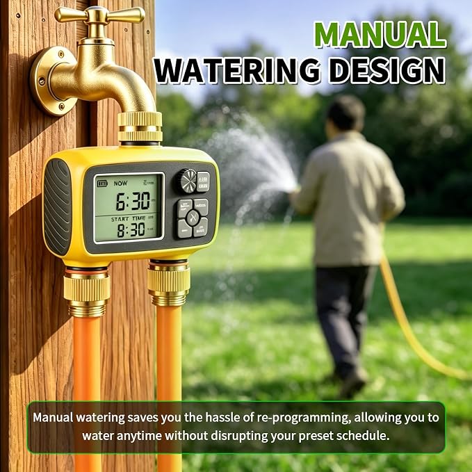 Boltigen Upgraded Brass Sprinkler Timer-2 Zone Water Hose Timers with Metal Inlet & Outlet-Waterproof & Programmable Design Timer Rain Delay & Manual Watering, for Outdoor Garden Irrigation Lawn Yard