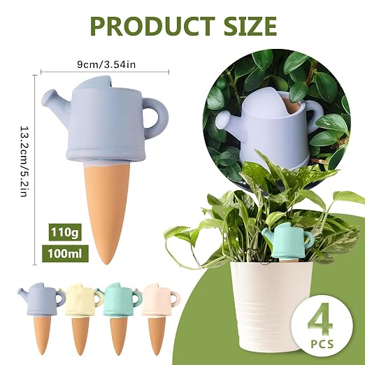 Joyeee 4 Pack Terracotta Watering Can Shape Spikes, Automatic Drip Irrigation Devices for Indoor Outdoor Potted Plants, Self Watering Spikes for Vacations with 100ml Capacity, 4 Mixed Colors