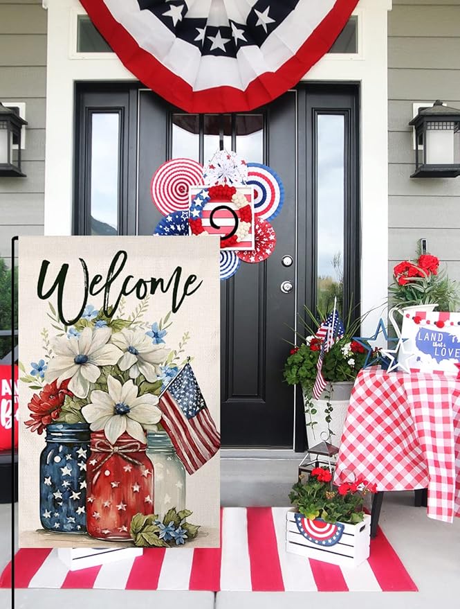 4th of July Floral Garden Flag 12x18 Vertical Double Sided Patriotic Mason Jar Flowers Red Blue Memorial Day Independence Day Holiday Outside Decorations Burlap Yard Flag BW321