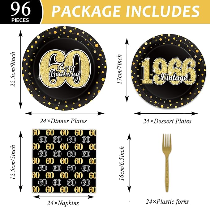 96PCS 60th Theme Birthday Party Tableware Vintage 1966 Party Supplies 60 Year Old Birthday Party Decorations Plates Napkins Forks Black and Gold Dinnerware Favors for Men or Women