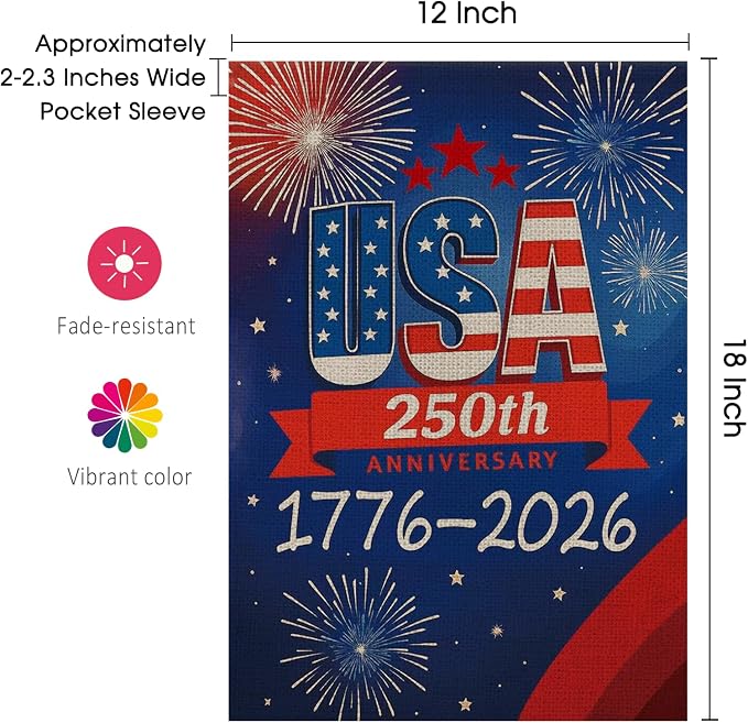 250 Anniversary Usa Garden Flags for Outside, 250 Anniversary USA Flag with Fireworks Design, 1776-2026 Patriotic 4th of July Decorations Yard Sign Double-Sided Waterproof Flag 12x18 Inch 250 Year American Flag