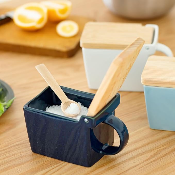 ZERO JAPAN Bee House Premium Salt Box with Hinoki Lid - Container for Sea Salt and Spices - Elegant Cellar for Kitchen Countertop - Jeans Blue, 16 oz