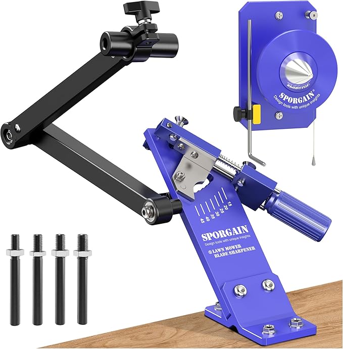 SporGain Lawn Mower Blade Sharpener & Blade Balancer, 15°-45° Adjustable Mower Blade Sharpener and High Precision Magnetic Balancer for Many Types of Mower Blade, Indigo