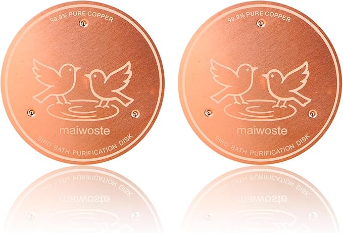 Bird Bath Copper Disk, 4 Inch 0.6mm Thick 99.9% Pure Copper Disc with Triple-Point Support, Natural Water Cleaner for All-Season Use, Universal Fit for Outdoor BirdBaths, Bowls, 2 Pack