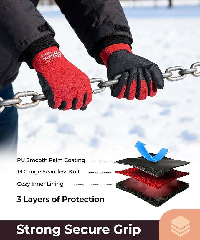 KAYGO 12 Pairs Winter Work Gloves for Men and Women, Thermal Insulated Safety Work Gloves PU Coated, Super Grip,Ideal for Freezer Work,Red,S