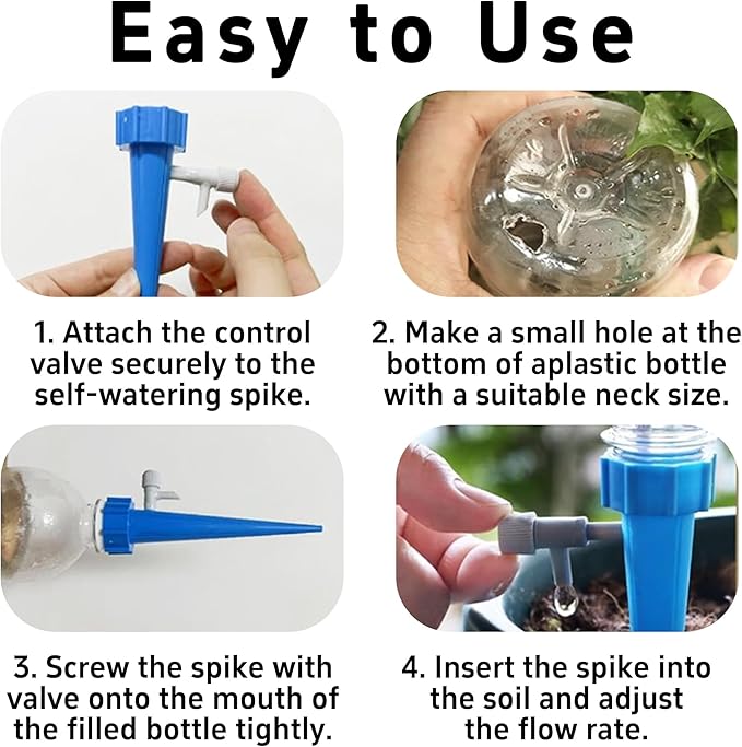 24PCS Self Plant Watering Spikes Device, Adjustable Flow Self Watering Spikes, Automatic Plant Irrigation System with Flow Control Valve for Indoor Outdoor Garden Vacation Plant Care