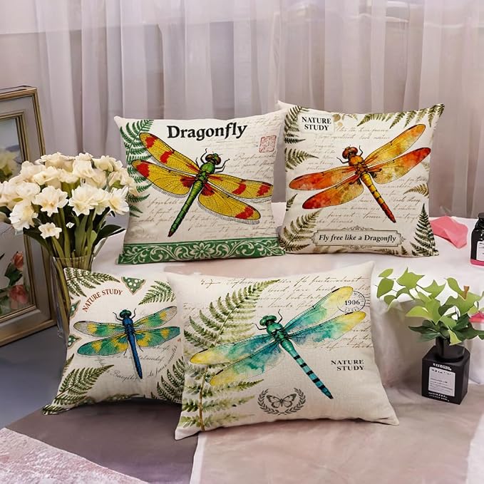 7COLORROOM Vintage Dragonfly Throw Pillow Covers 18x18 Inch,Watercolor Dragonfly Nature Theme Pillowcases Spring Country Style Home Decor Cushion Cases 4Pack,for Sofa Couch Porch Patio (Green)