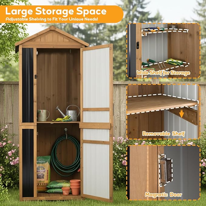 Outdoor Storage Cabinet with Lockable Doors, Wood & Metal Garden Shed, Weatherproof Patio Storage with Adjustable Shelf for Tools, Patio & Backyard Organizer