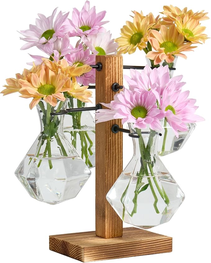 Plant Propagation Stations with Wood Stand, Plant Terrarium for Home Office Garden Decor, Gardening Gifts for Plant Lovers, 4 Glass Propagation Vases (Diamond Shape)