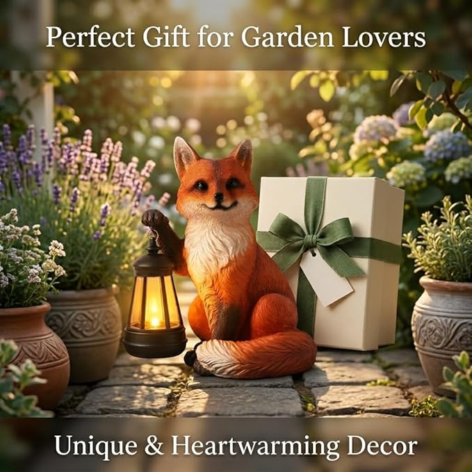 Solar Fox Garden Statue, 9 Inch Resin Animal Figurine with Lantern, Outdoor Solar Light Decor for Patio, Yard, Porch, Walkway, Lifelike Woodland Fox Sculpture for Garden Art (Red)