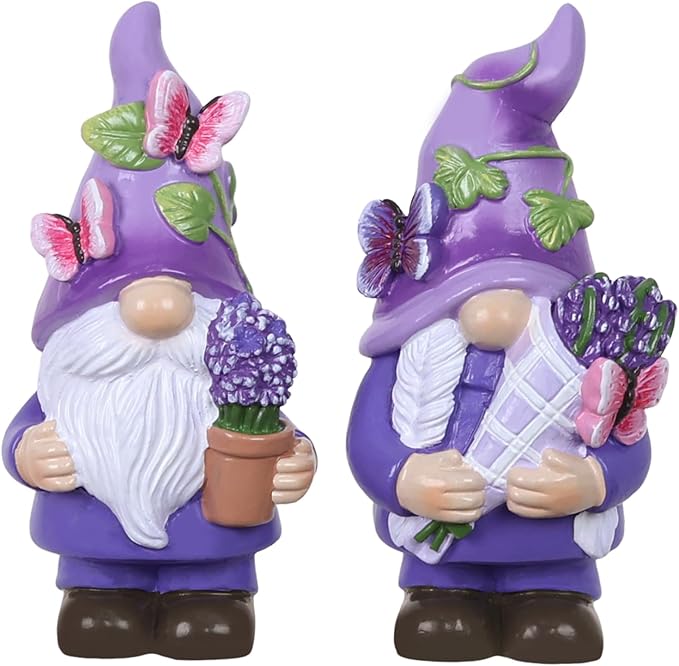 MEETYAMOR Lavender Gnomes Figurines, Set of 2 Purple Resin Gnomes with Butterfly Lavender for Spring Decor, Summer Gnome Garden Decor for Home Indoor Outdoor Table Mantle Decorations
