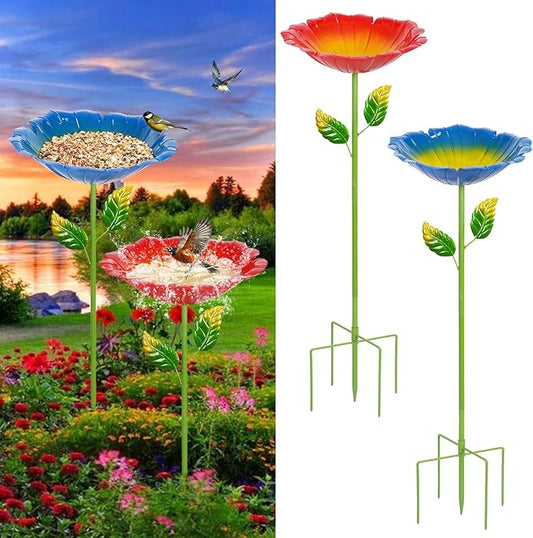2 Pack Bird Baths for Outdoors, Colorful Metal Bird Bath for Outside, Hummingbird Bath with Five Stakes, Garden Flower Small Birdbath for Garden Decor, 31.3" H x 10.63" Dia (Cyan, Deep Red)