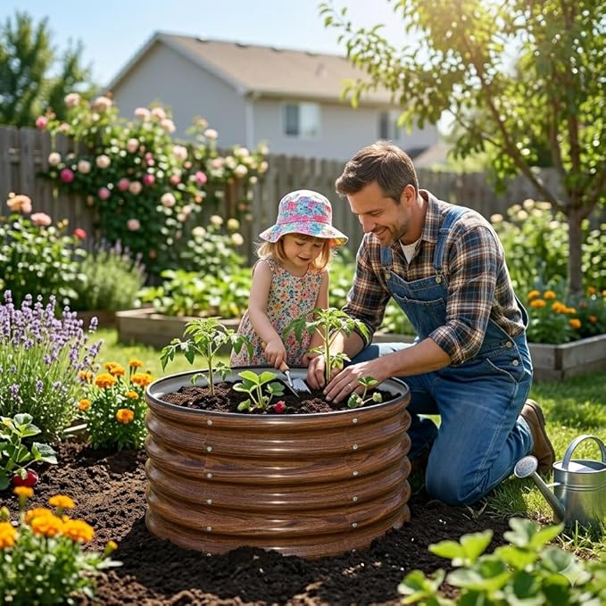 SnugNiture Raised Garden Bed, 2 PCS 2×2×1.5ft Round Galvanized Outdoor Planter Box, 17" Tall Deep Metal Garden Bed Kit for Planting Vegetables, Fruits, Flowers, Brown