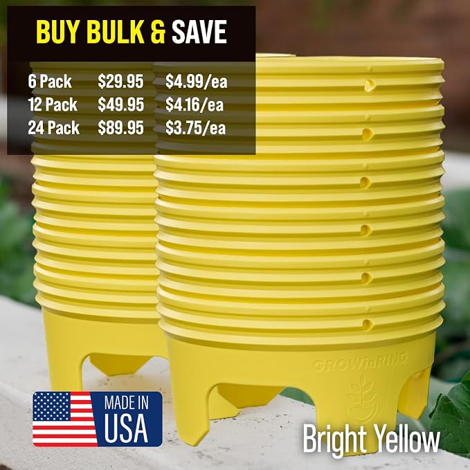 7 inch Solid Planting Grow Rings | 6 Pack Yellow | One-Piece Design for Deep Root Watering Veggies, Herbs & Flowers | Mulch & Soil Barrier | Deter Slugs and Cutworms | Heavy Duty | Made in USA