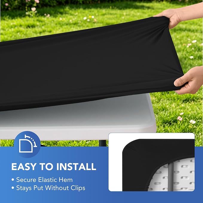 Fitted Tablecloth for 6 Foot Rectangle Tables-2 Pack Black Elastic Outdoor Picnic Table Cover-Spandex Stretch Folding Table Cloths 6 ft for Camping Dining Room Patio Kitchen Banquet Party