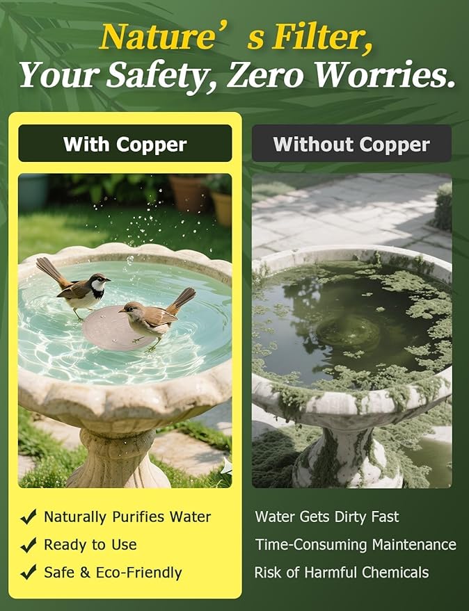 Mellbree 4-Pack Bird Bath Copper Disc, 0.6mm Reinforced 99.99% Pure Copper Cleaning Disk with Triple-Point Support for Physical Safe Clean Water All-Season (Flower)
