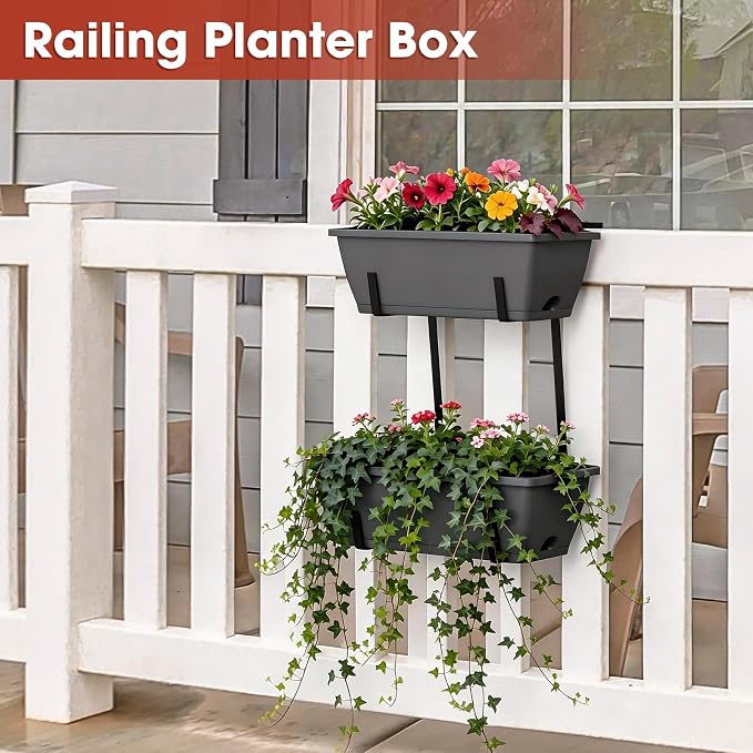 Balcony Planters Railing Hanging, Deck Railings Planter Boxes 16.9in, Railing Planter Box, Deck Planters for Railings, Railing Flower Box with Metal Brackets, Grey (2Pcs)