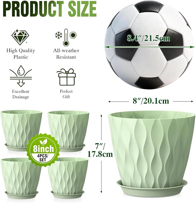 8 Inch Wave Plant Pots with Drainage Holes & Saucers, 4 Pack Modern Textured Medium Planters for Indoor Outdoor Plants, Decorative Flower Pots Repotting Set for Flowers, Herbs (Green)