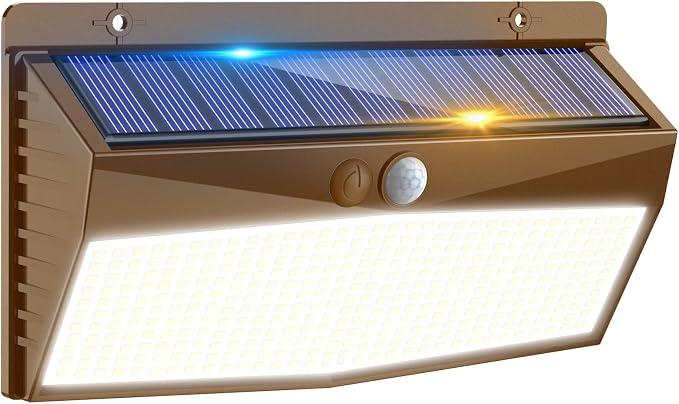 368 LED Solar Lights Outdoor Motion Sensor, Solar Fence Light with 3 Lighting Modes, Solar Powered Security Lights Waterproof for Outside Yard Wall Garden Backyard，Brown