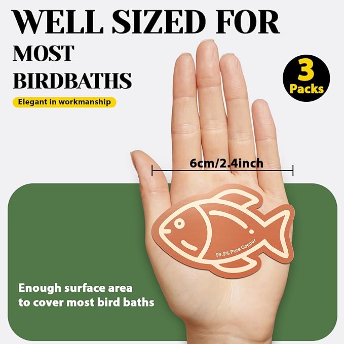 3Pcs Bird Bath Copper Purification Disk 99.99% Pure Copper Water Cleaning Discs 0.6mm Physical Clean Water for All-Season Universal Natural Fit for Outdoor Birdbaths, Bowls, Garden Fountain (Fish)