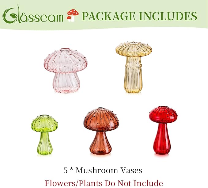 Glasseam Mushroom Plant Propagation Station: 5pcs Colored Glass Mini Terrarium for Plants, Cute Small Propagation Vases for Flowers - Unique Hydroponic Indoor Planters Gifts for Women's Room Decor