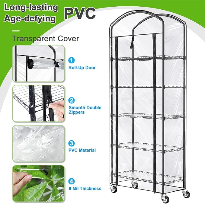 5-Tier Greenhouse with Caster Wheel, Each Shelf Height Adjustable Metal Plant Shelf with PVC Cover for Seed Starting Trays, Seedling Pots, Plant Pots, 13x29x73inch