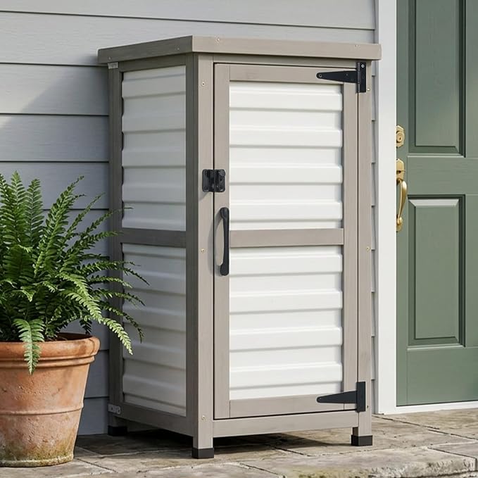 Small Outdoor Storage Cabinet with Waterproof Metal Top, White Wood & Plastic Potting Bench Table with Removable Shelf, Outside Cabinets Work Station for Patio, Balcony,17.9''x17.9''x33.5''