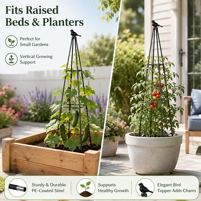 OTOSUNNY Garden Obelisk Trellis for Climbing Plants Outdoor, 67" Tall Tomato Cage Cucumber Trellis for Raised Garden Bed, Metal Climbing Plants Support for Vine Flower Vegetable Peas Bean, 2 Pack