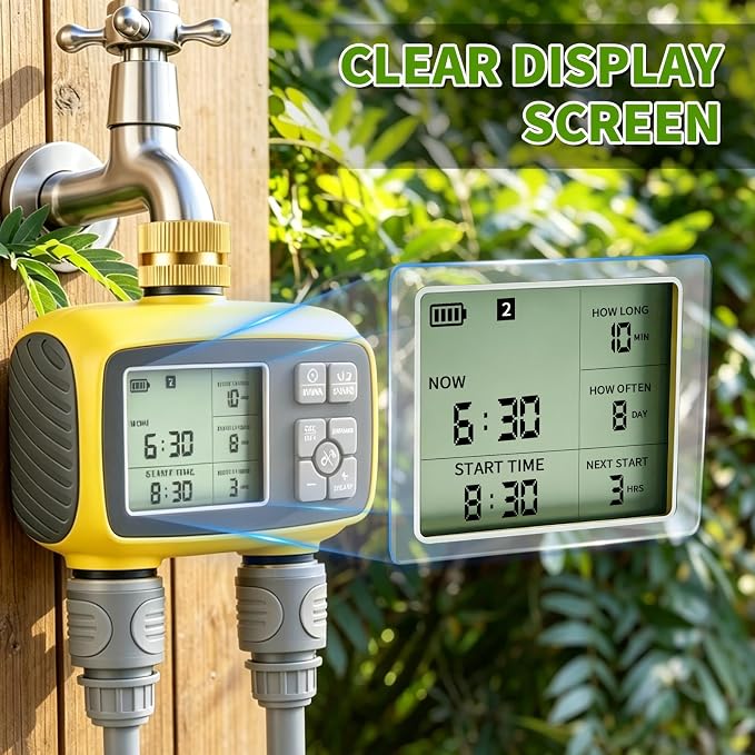 Boltigen Upgraded Brass Sprinkler Timer-2 Zone Water Hose Timers with Metal Inlet & Outlet-Waterproof & Programmable Design Timer Rain Delay & Manual Watering, for Outdoor Garden Irrigation Lawn Yard