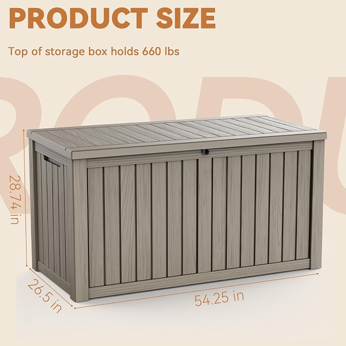190 Gallon Large Outdoor Storage Box Waterproof, UV Resistant Resin Deck Box with Hydraulic Rod & Lockable Latch for Patio Furniture, Outside Storage Box for Garden Tools, Patio Cushions, Gray