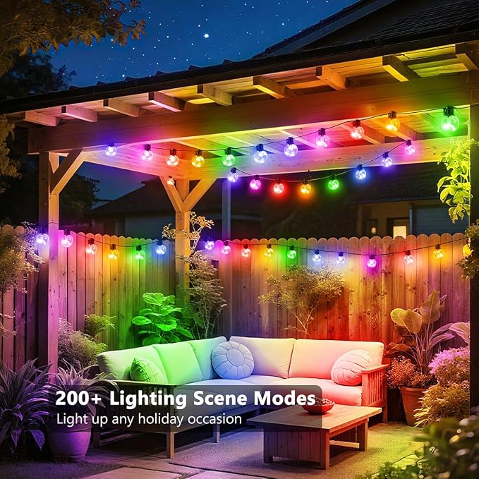 Outdoor String Lights USB Plug in, 20ft 15 Bulbs LED Color Changing Hanging Lights Dimmable with 220+ Scene Modes,App Control, Globe Bulb Waterproof for Patio Backyard Balcony Garden Decor