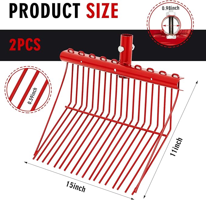 Tandefio 2 Pack Manure Fork Replacement Head Metal Pitchfork Horse Manure Rake Garden Pitch Fork Replacement Head with Angled Tines for Horse Stall Poop Picking up(Red)