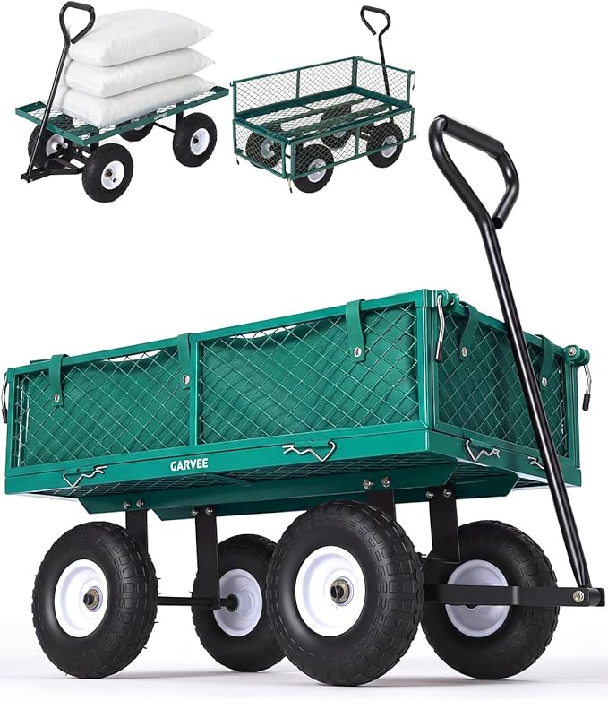 Garvee Versatile Outdoor Utility Cart-400LBS Heavy-Duty, 10" All-Terrain Pneumatic Tires, Easy Maneuverable Lawn Cart with Removable Mesh Panels for Gardening&Landscaping, Green, with Waterproof Liner