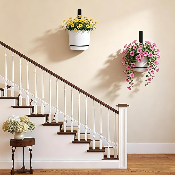 2 Pcs Wall Mounted Hanging Planter Vase for Indoor Outdoor Plants,Modern Metal Wall and Ceiling Hanging Flower Pot with Removable Flower Pot,Minimalist Decor for Herbs Succulents Flowers,5.9Inch,White