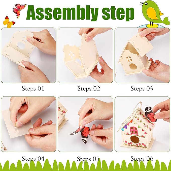 Sawysine 107 Pcs DIY Birdhouse Kits for Kids Ages 5-8 8-12, 48 Wooden Bird House Kits in 6 Shapes and 57 Butterfly Sticker for Children Spring Craft Activity Art DIY Project(Lovely Style)