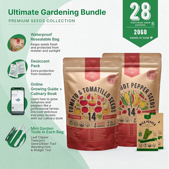 Organo Republic 14 Tomato Seeds and 14 Pepper Seeds Variety Pack Bundle, 2,055+ Non-GMO Heirloom Garden Seeds for Planting Tomatoes and Peppers for Indoor & Outdoor Gardening