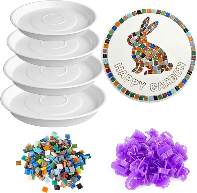 U0U Stepping Stone Kit Includes 4 Size Round Cement Molds,Mosaic Tiles and Carving Tools,DIY Garden Stepping Stone Kit for Kids,Family,Outdoor Walkways Pavement Decoration (No Concrete Mix)