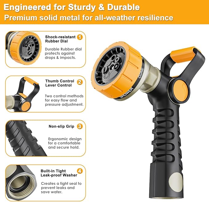 FANHAO Fireman-Style Garden Hose Nozzle, Heavy-Duty Metal Water Hose Sprayer with Lever Control & Thumb Control, 7 Spray Patterns, High-Pressure Water Nozzle for Lawn Watering, Car & Pet Washing