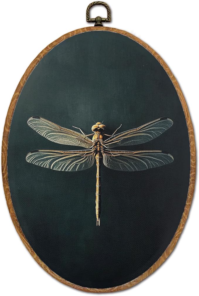 DOFQZ Dark Academia Dragonfly Round Wall Art Decor, Vintage Moody Insect Framed Wall Art, Minimalist Gothic Dragonfly Canvas Wall Hanging Decor for Home Bedroom Living Room, 8.6x11.4