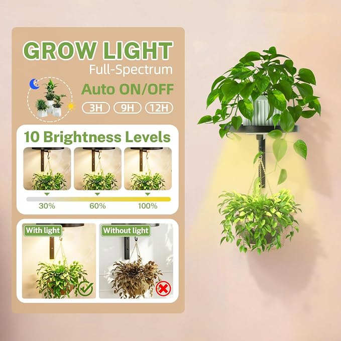 iDavosic.ly Wall Plant Holder with Grow Lights Set of 4 for Indoor Outdoor, Metal Hanger with 2 Hooks, Floating Flower Display Stand for Window, Space Saving & Easy to Assemble (Pots Not Included)