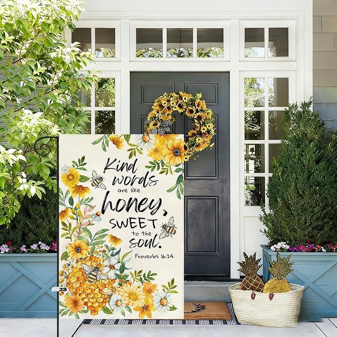 Baccessor Summer Bee Garden Flag 12.5x18 Inch Double Sided Burlap, Kind Word Honey Sweet Yellow Floral Flowers Holiday Front Yard Lawn Outdoor Outside Decoration