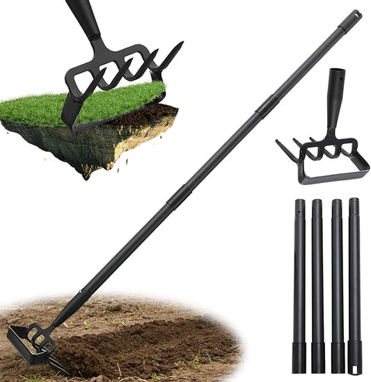 Hoe Garden Tool for Weeding 2-in-1 Heavy Duty Metal Stirrup Hoe 4 Tines Prong Weed Hoe with 32-62 inch Long Adjustable Handle for Women Kids Men