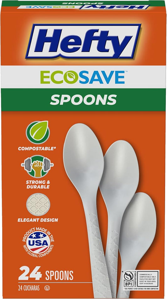 Hefty ECOSAVE Compostable Spoons, Disposable Spoons for BBQs, Tailgates, Camping, Parties, and More, Strong and Durable Construction, Sustainable Design, 24 Count