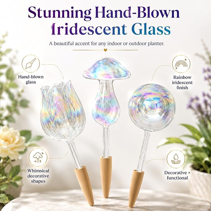 HyJeryty Non-Clogging Iridescent 3 Pack Ball Plant Watering Globes with Terracotta Spikes, Hand Blown Glass Self Watering Planter Insert Plant Watering Devices Bulbs for Indoor and Outdoor Plants
