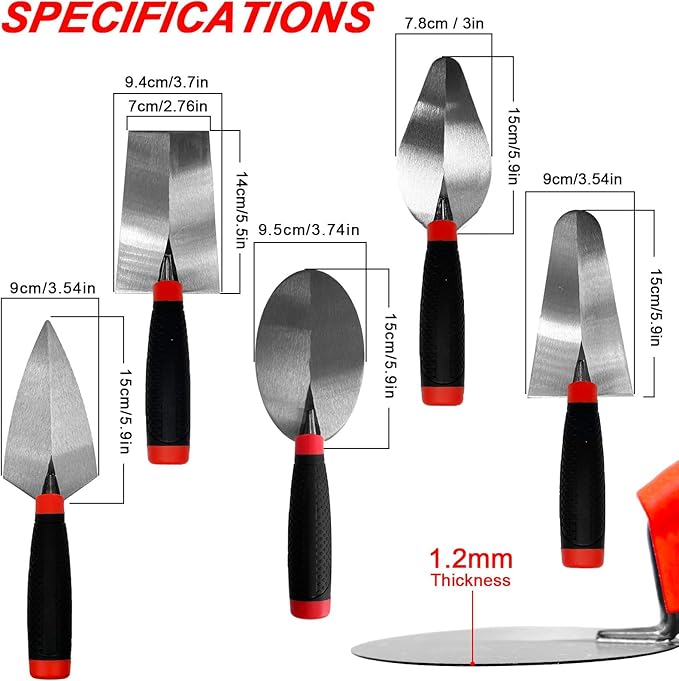 Bricklaying Trowel Set, 5 Pack Brick Pointing Trowels with Rubber Handle, Masonry Hand Tools for Concrete, Cement, Plaster, Tile Construction Projects