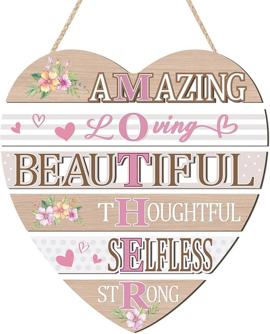 HOURIA Inspirational Mothers Day Decorations (12.2”x11), Heart-Shaped Amazing Mother's Day Wooden Sign for Front Door Wreath Home, Mom Birthday Gifts from Daughter Son