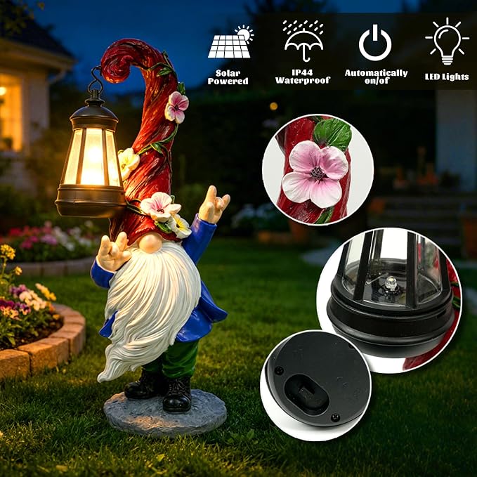 Garden Gnome Statue with Solar Lights 13.7" Garden Sculptures Gnomes Decorations Gnome Outdoor Patio Lawn Yard Balcony Birthday Gift for Mom Grandma(Left Light)