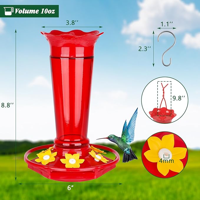 Gbekery Glass Hummingbird Feeders for Outdoors Hanging Ant and Bee Proof Red 10 OZ Bird Feeders for Outside Hanging 6 Feeding Stations Bird Nectar Feeder for Garden Yard Décor Gifts for Mom